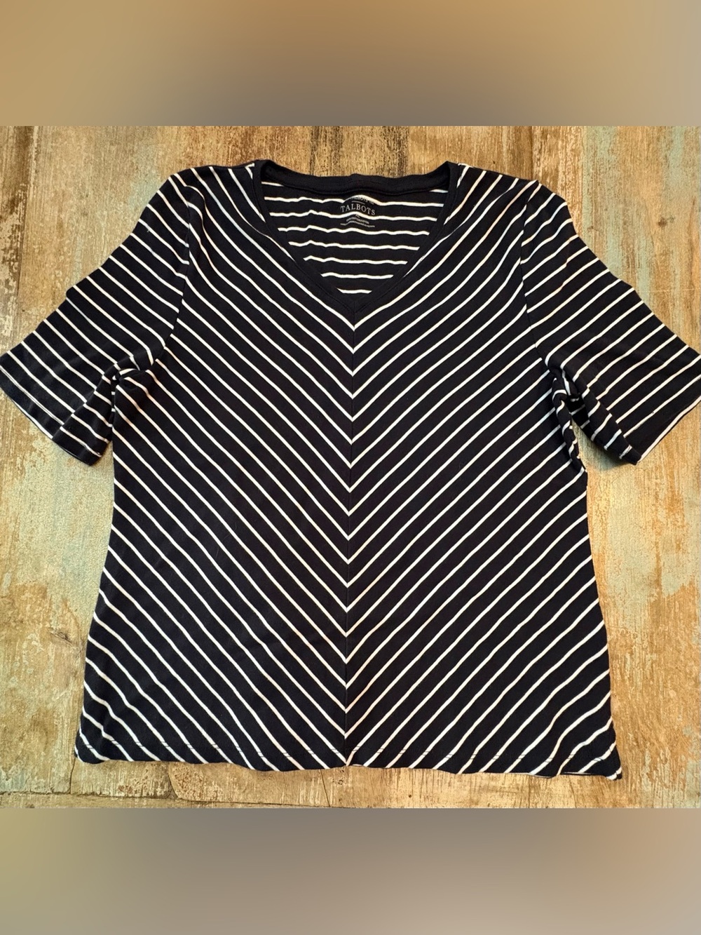 Talbots Navy Blue and White Diagonal Stripe V-Neck Top